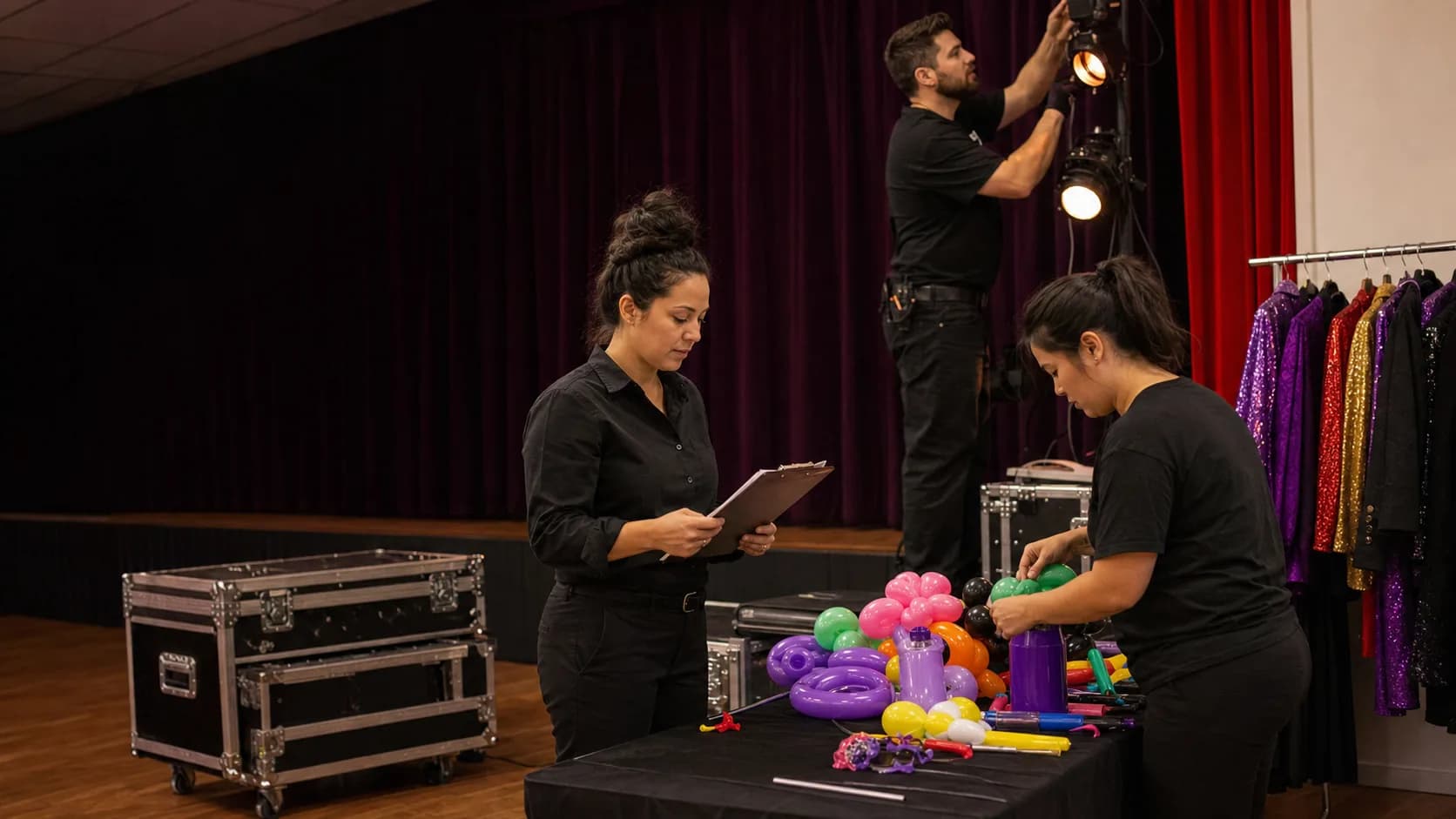 An event team checks the run sheet, prepares balloons, costumes, and stage lighting before guests arrive