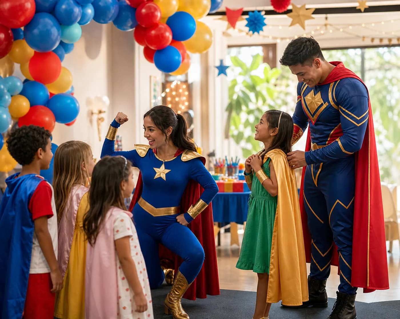 Two party performers in superhero costumes entertain children at a decorated birthday party