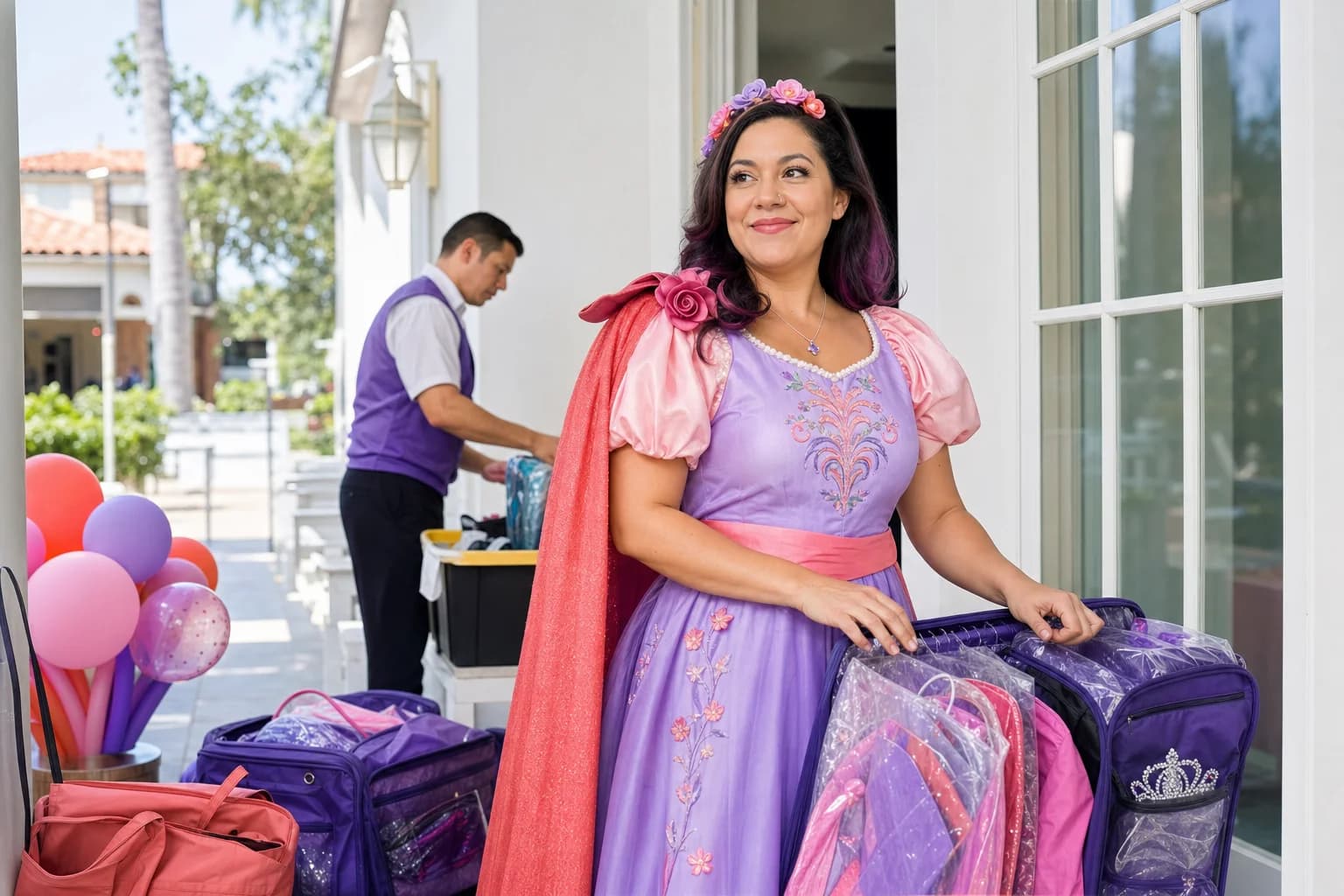 A professional party entertainer arriving with costumes while her teammate unloads event supplies